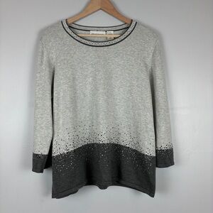 Alfred Dunner Womens Two Tone Gray Crew‎ Neck Rhinestone Sweater Large Workwear